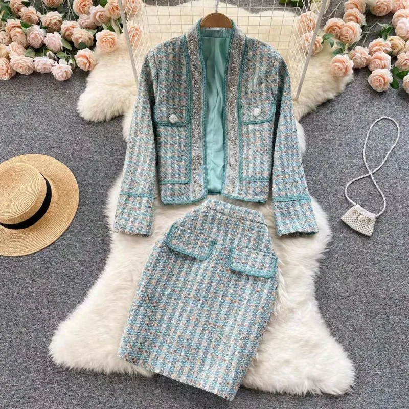Runway French Fall Winter Women's Clothes Tweed Pearl sequins Woolen Jacket Coat + High Quality Elegant Skirt Two Piece Set Suit