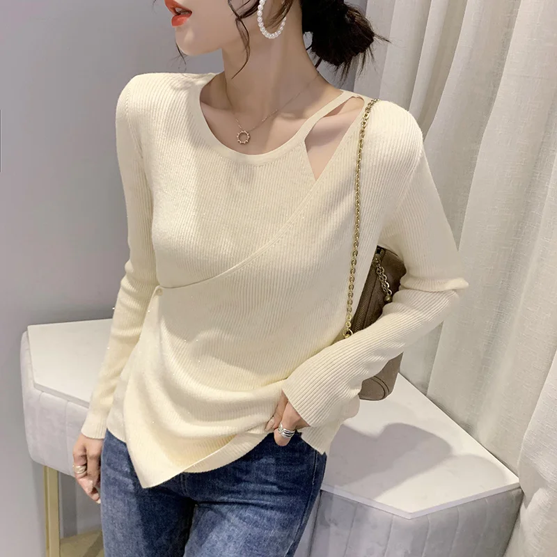 

#6562 Black Blue Beige False Two Piece Sweater Women O Neck Hollow Out Sexy Asymmetrical Pullover Women Thin Knitted Sweaters
