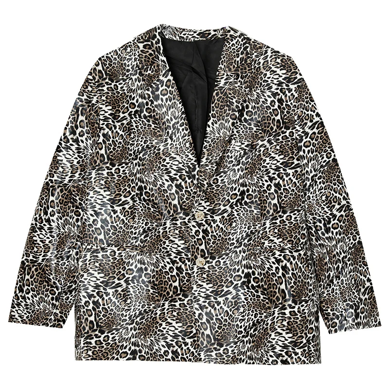 

IEFB Men's Clothing 2021 New Trend Leopard Print PU Leather Casual Jacket Vintage Noched Collar Long Sleeve Suit Coat 9Y7305