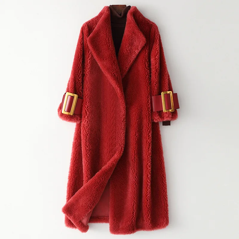 Luxury Streetwear Natural Real Sheepskin Warm Female Woolen Coat High Quality Thick Jackets Hot Sell Red Outerwear with Pockets