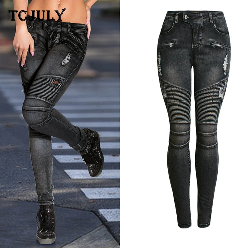TCJULY 2020 Pleated Locomotive Skinny Jeans Woman Bleachd Washed Push Up Denim Pencil Pants Streetwear Slim Stretchy Black | Женская