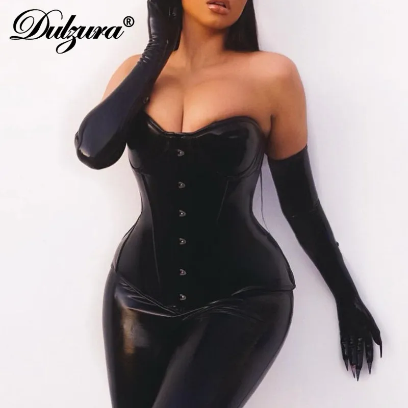 

Dulzura Pu Faux Leather Corset Tanks Tube Bustier Top Lace Up Bandage Bodycon Sexy Streetwear Party 2020 Autumn Winter Club