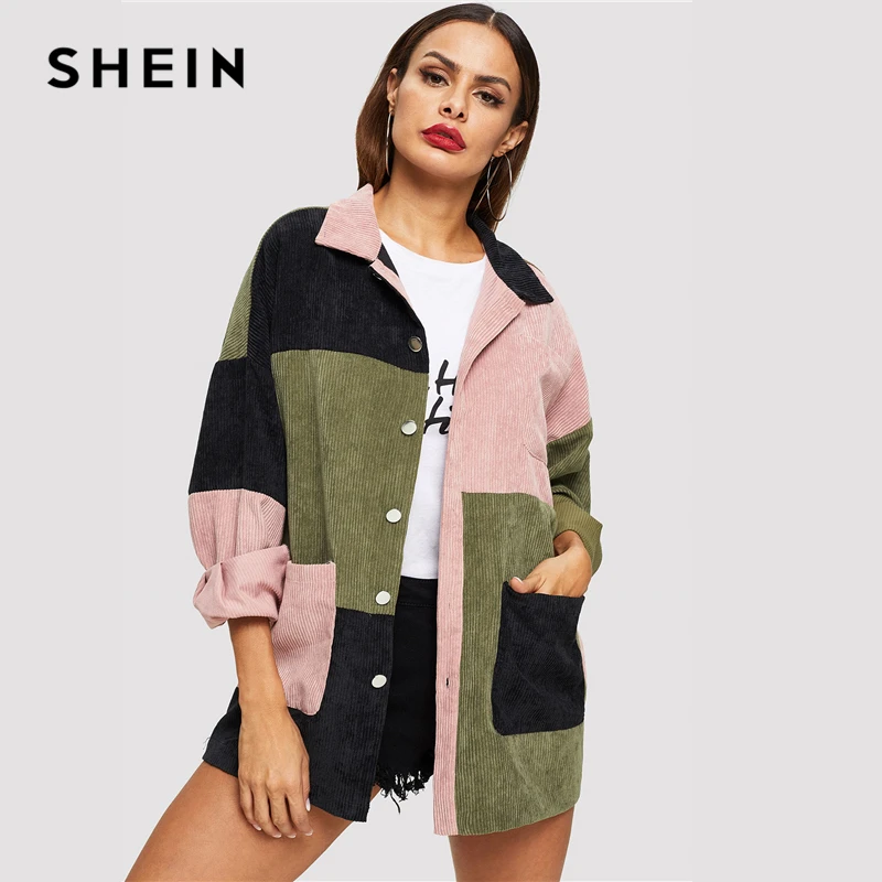 SHEIN повседневное многоцветное пальто с карманами спереди, вельветовое однобортное пальто, Осеннее Современное женское пальто, верхняя одежда