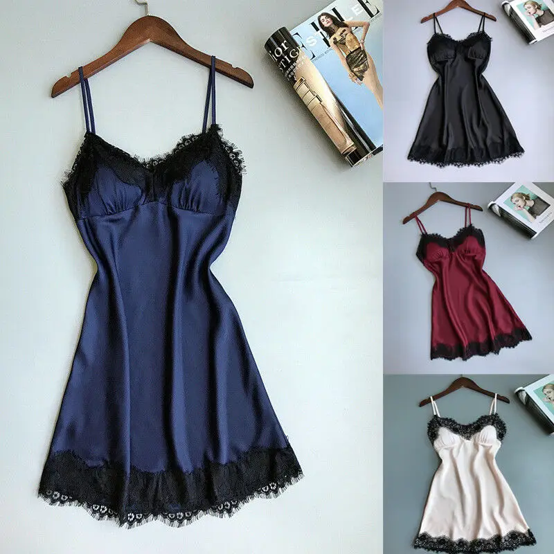 

New arrival solid sleeveless summer casual Womens Lace Satin Lingerie Sleepwear Night Gown Babydoll Dress Nightie Robe S-XL