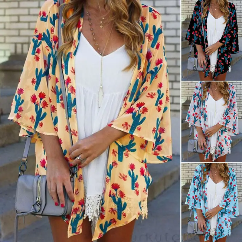 

Женский винтажный кардиган-кимоно с цветочным принтом