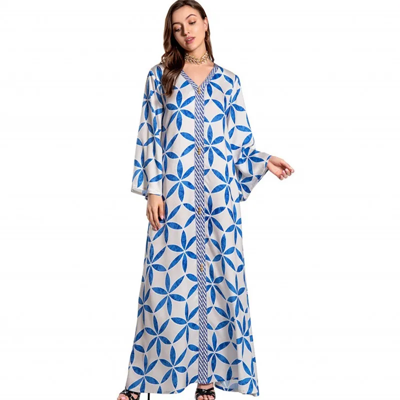 Женское платье макси с длинным рукавом V образным вырезом и цветочным