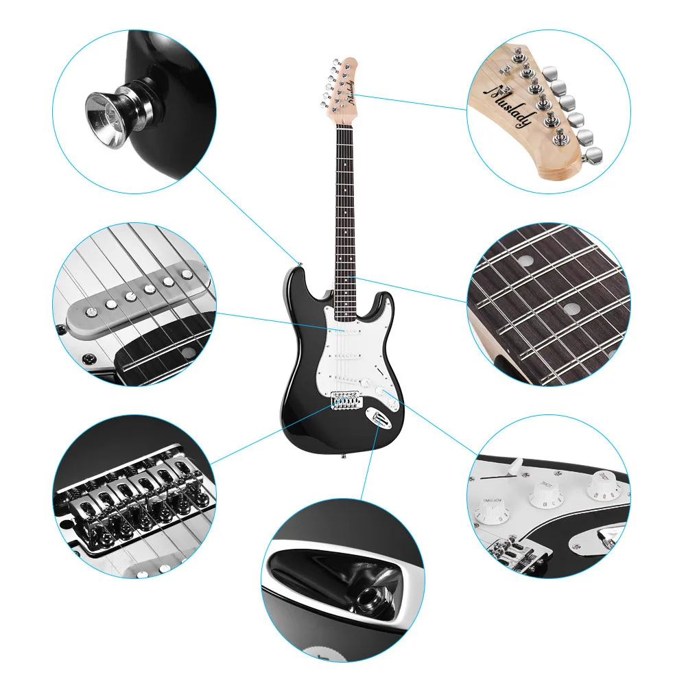muslady elektrische gitarre massivholz paulownia körper 21 bünde 6 string mit lautsprecher pitch rohr gitarre tasche strap picks rechts hand