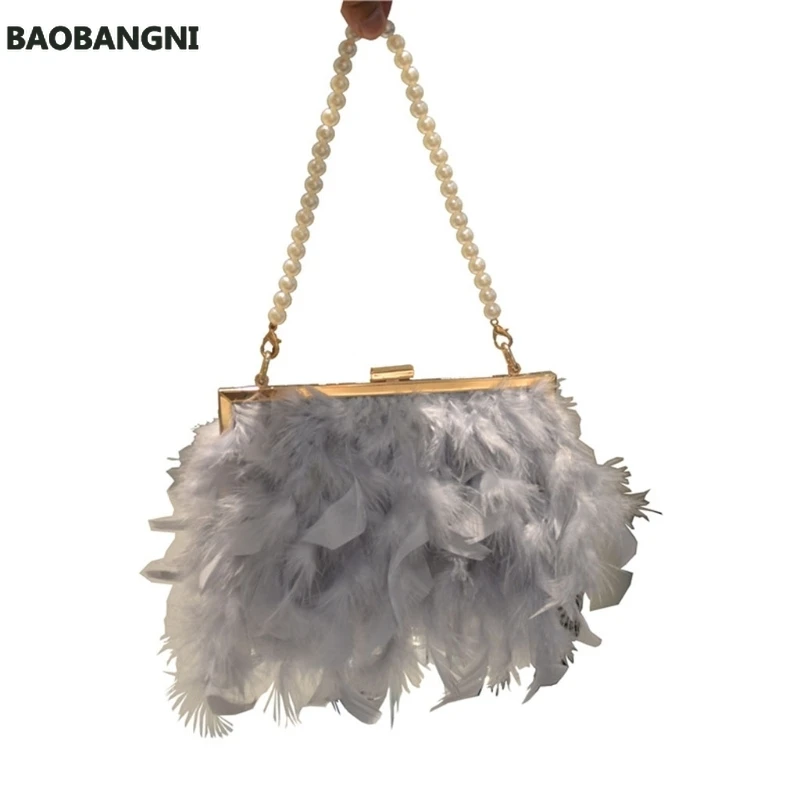 

Evening Purse with Pearl Strap Chain Clutch Bags Feather Crossbody Bag for Women Girl Ladies Luxury Women Bag Design Party Purse