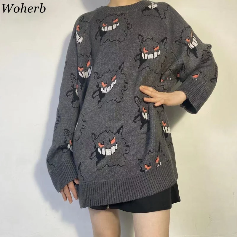 Свитер Woherb в стиле аниме Женский пуловер с узором Харадзюку Свободный теплый