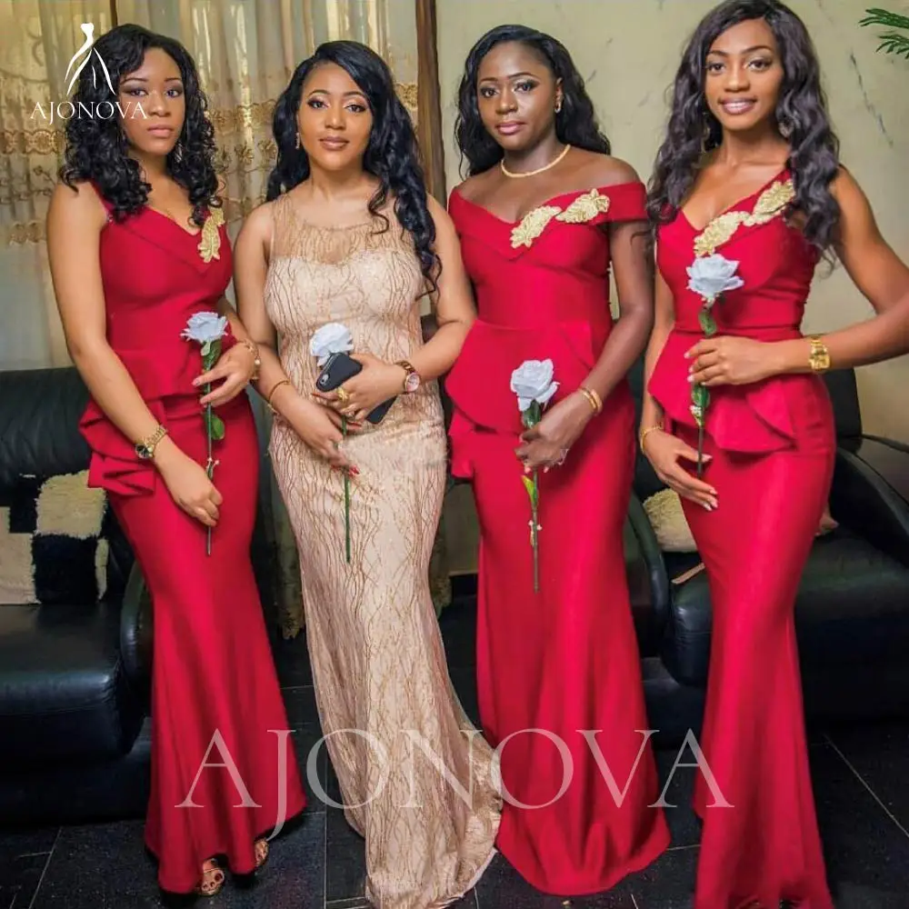 

Red Satin Wedding Party Dresses for Bridesmaids Spaghetti Straps Mermaid V-neck Elegant Gowns Bridesmaid Dress Woman Women 2021