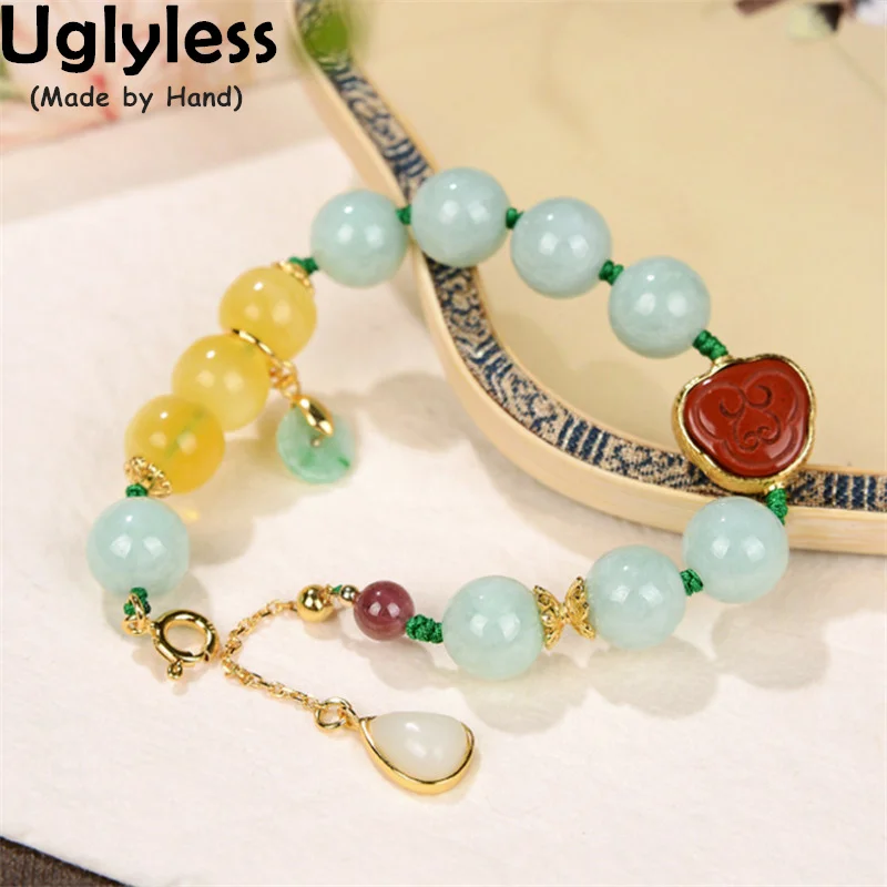 

Uglyless New Fashion Beading Gemstones Bracelets for Women Natural Agate Amber Beeswax Jadeite Bracelets 925 Silver Fine Jewelry