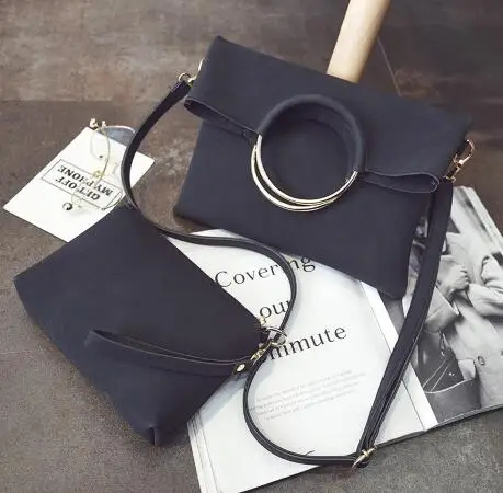Fashion new 2 pcs Women Handbags High-quality Matte PU Leather Women bag Open Metal Ring Envelopes Portable Shoulder bag - Цвет: Black