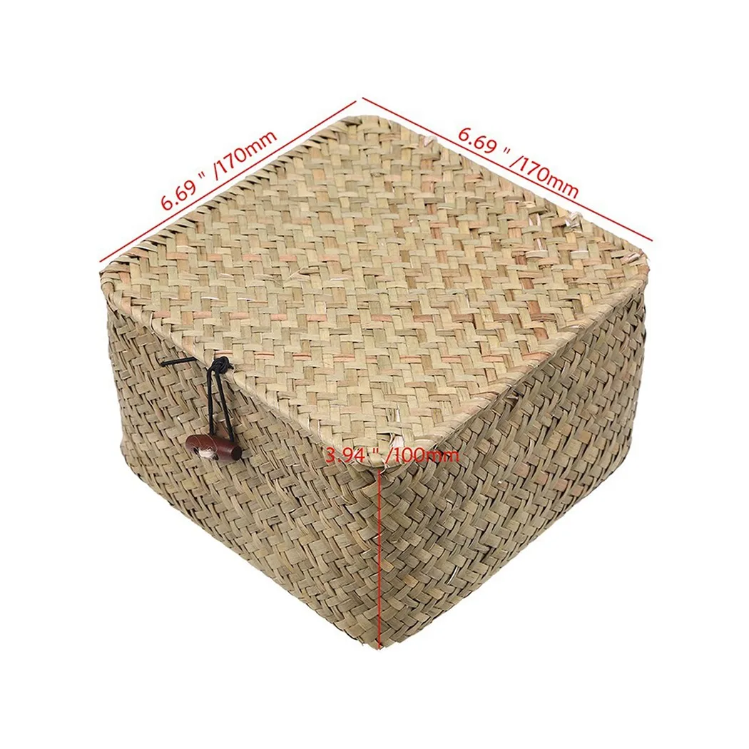 

Mat Grass Woven Storage Basket 7.87x7.87x4.33" Hamper Home Organizer With Lid/Lock S/M/L Can Be Locked