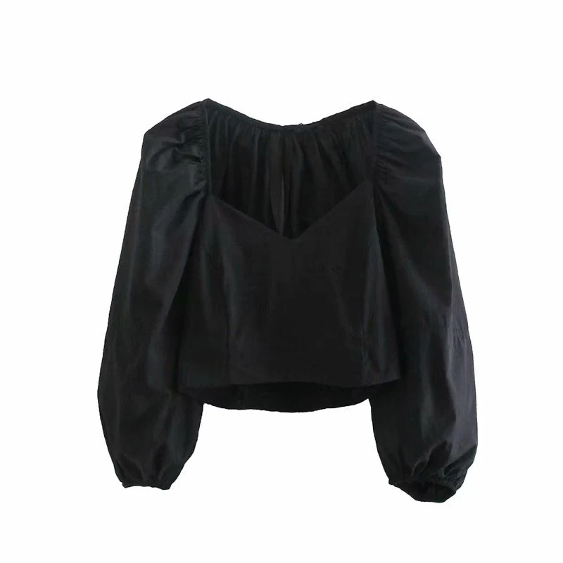 

Модная женская хлопковая легкая черная Поплиновая рубашка ZA 2021, короткая Сексуальная Повседневная Женская футболка с V-образным вырезом и п...