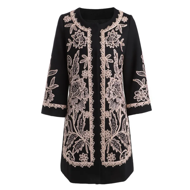 

Women's Best Quality Coat 2021 Autumn Winter Vintage Coat Woman Exquisite Appliques Embroidery Coat Outwear Female Overcoats