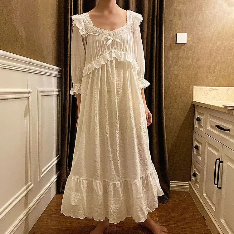 

Spring/Autumn New Square Collar Lace Long Sleeve Princess Nightdress Solid Color Cotton Skin-Friendly Soft Sleepwear Women Dress