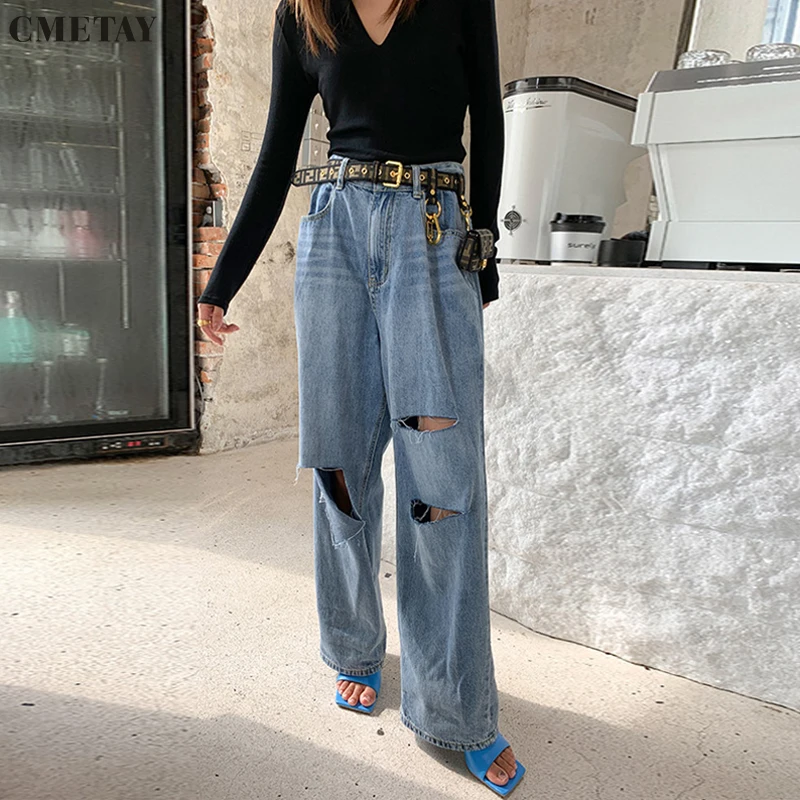 

CMETAY 2022 весенние рваные джинсы женские винтажные прямые джинсовые брюки с высокой талией уличные брюки женские гранж джинсы