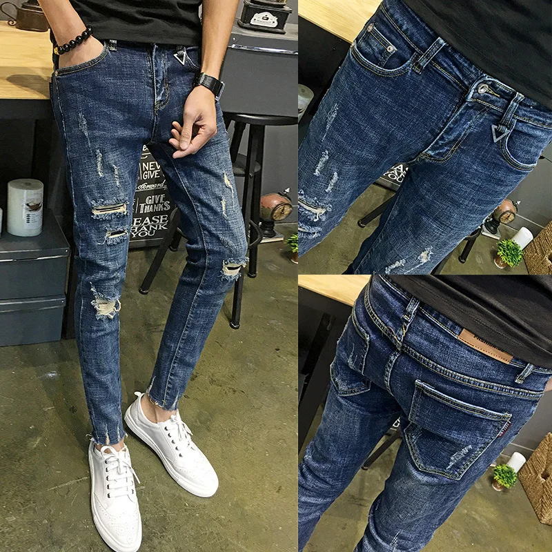 

Wholesale 2021 Fashion Denim Pants Men's Boys Small Feet Ripped Holes Cropped Jeans Thin Men's Social Men Beggar pencil Pants