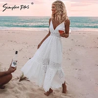 simplee plus sexy v neck cotton summer white dress women elegant embroidery strap long dress casual high waist button dress new