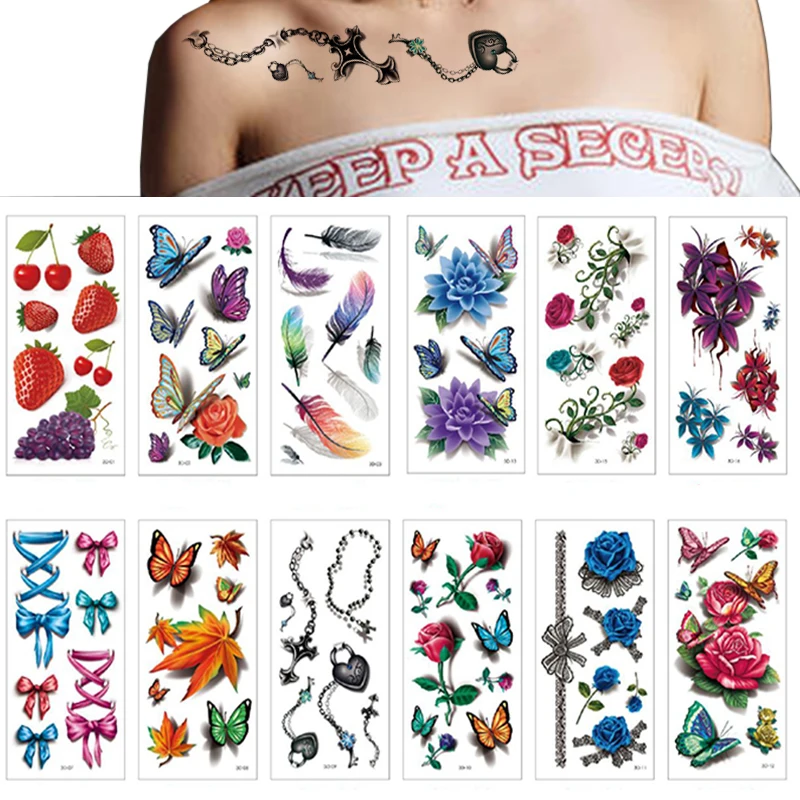 12 шт. в упаковке 3D &quotЦветы&quot и &quotБабочка&quot для Водонепроницаемый Временные