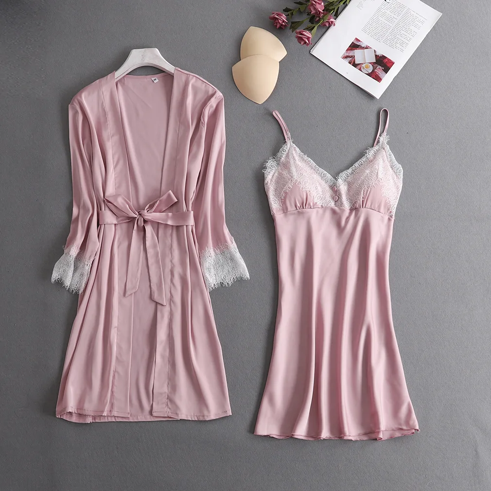 

Sexy Pajamas Women Spring Summer Sling Nightgown Two-Piece Thin Section with Chest Pad Silk Leisure Tops Can Be Worn Outside