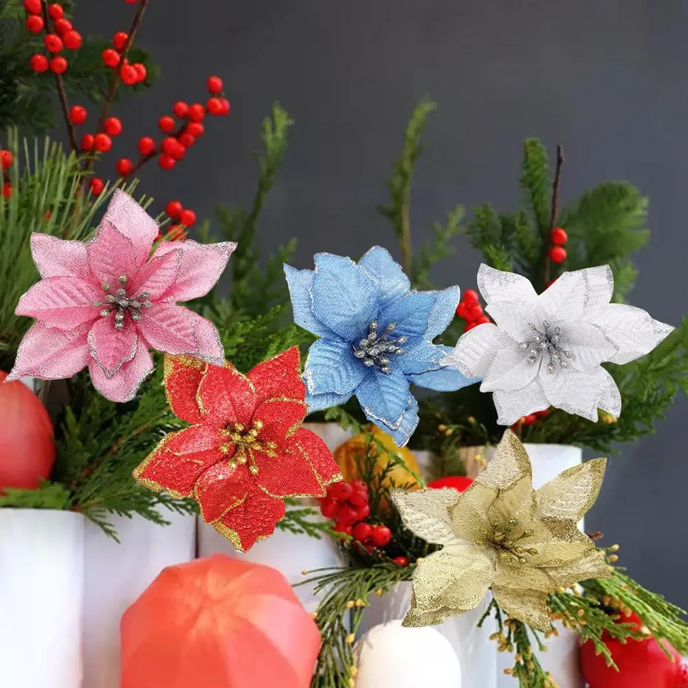 8 шт. искусственные цветы для украшения блестки Poinsettia поддельные DIY домашние