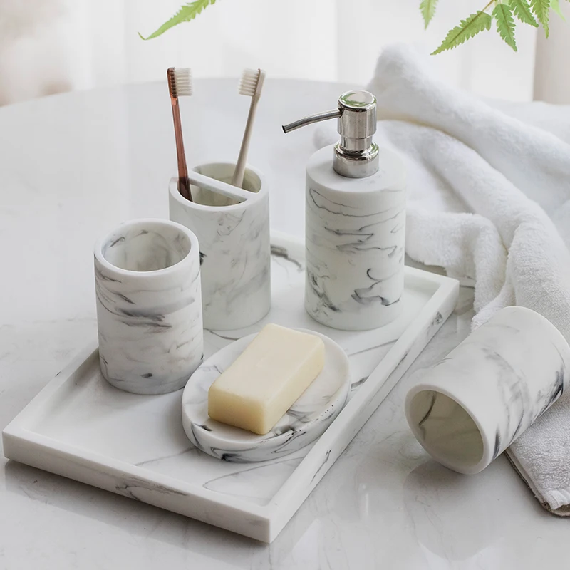 nordic marble pattern bathroom set kit washroom accessories resin toothbrush holder tooth glass soap dishes soap dispenser tray free global shipping