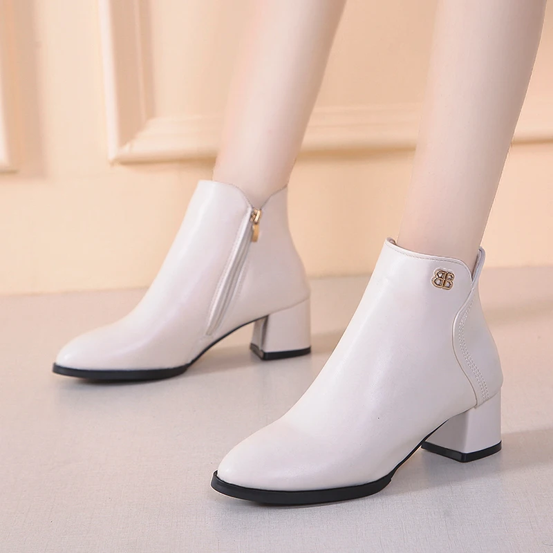 

New Solid Black Leather Boots Ankle Boots for Women Shoes Zipper Square High Heels Ladies Shoes Woman Plus Size Chelsea Boots