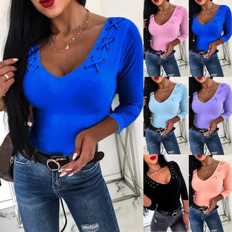 

2020 Europe and America Cross Border Autumn Solid Color Corns Long Sleeve Casual Women's T-shirt