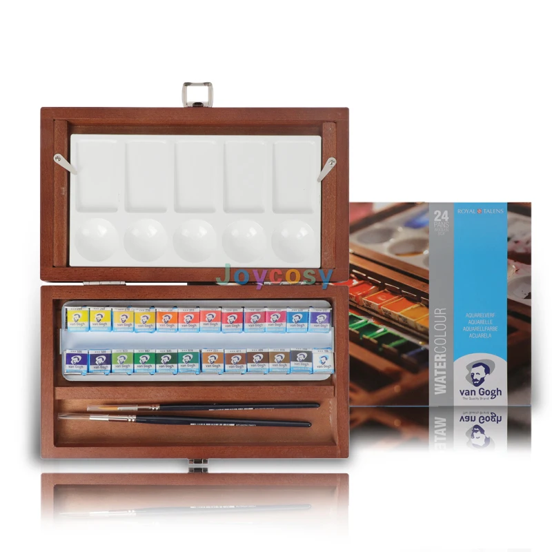 Van Gogh Artist Watercolor Paint Set Deluxe Wood Box 24-Half Pan 3 Accessories Include Mixing Palette and 2 Brushes |