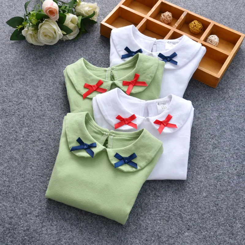 

Футболки для девочек на весну и осень, Детская футболка с длинным рукавом, Детская футболка из лайкры и хлопка с вышивкой и кукольным воротником, топы, 1-6 лет