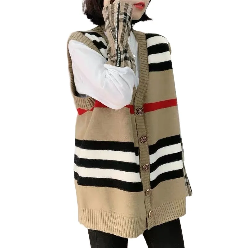 

Two-piece women's early spring new V-neck striped vest temperament cardigan plaid T-shirt design sense vest suit trend