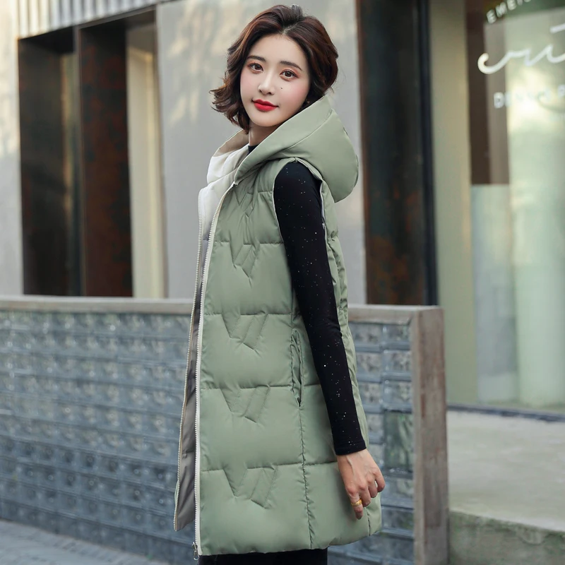 

Модная одежда с обеих сторон, осенне-зимний хлопковый жилет, Женский Повседневный жилет с капюшоном, женские куртки без рукавов, Длинный жил...