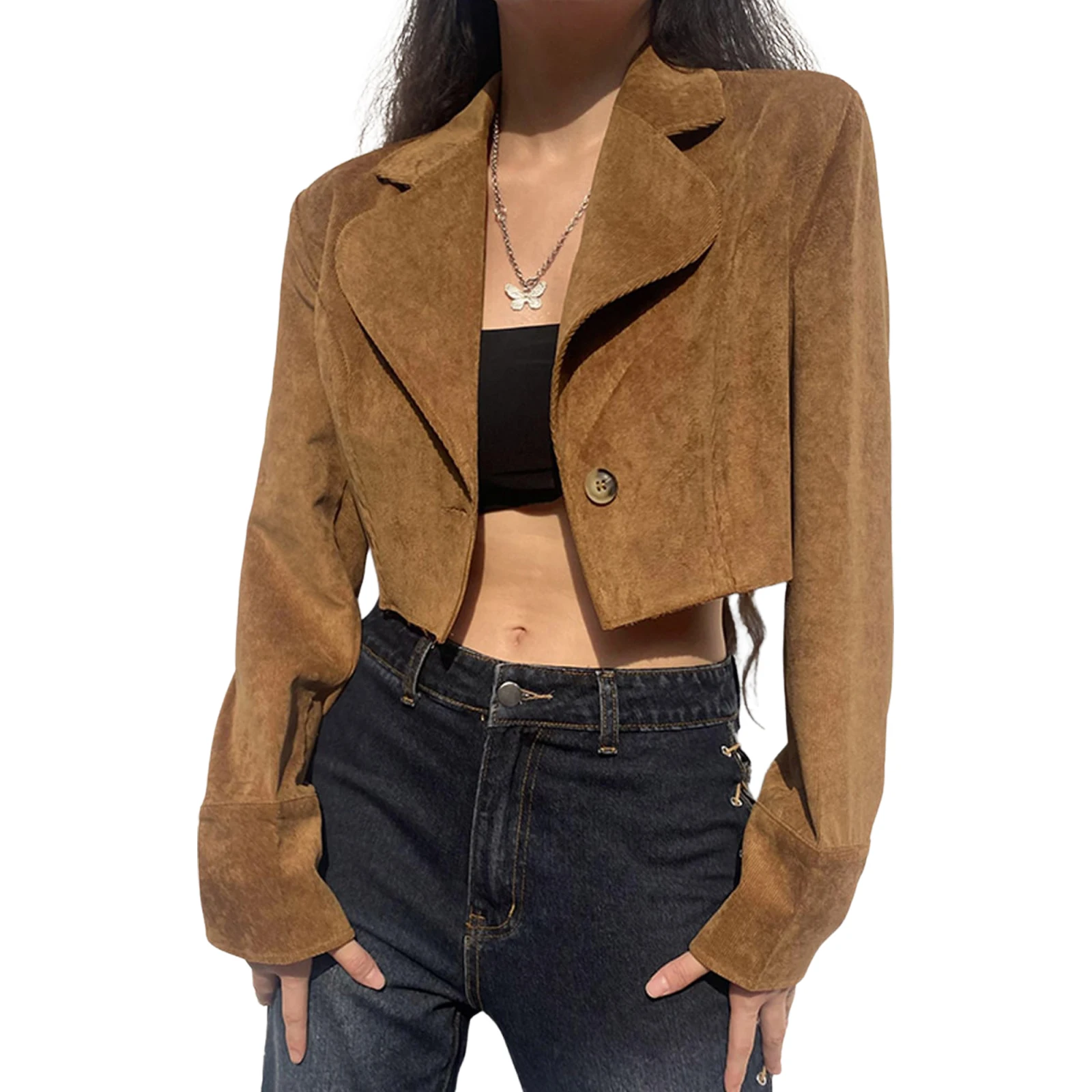

Women’s Casual Long Sleeve Button Cardigan Fashion Solid Color Corduroy Lapel Short Style jacket