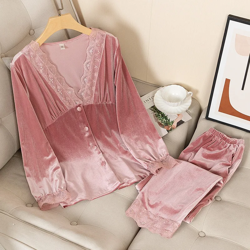 

Pink Velour Pajamas Set Sexy V-neck Shirt&Pants Autumn New Sleep Set Lace Trim 2PCS Sleepwear Velvet Trousers Suit Home Clothes