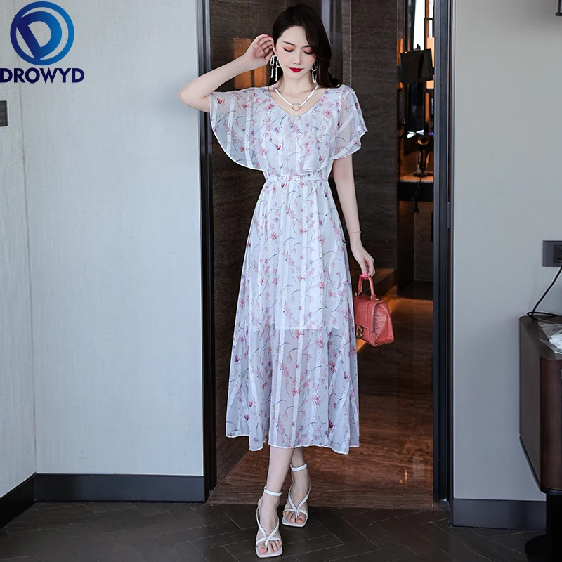 

Summer Short Sleeves Chiffon Maxi Dress 2021 Beach Boho V Neck White Floral Loose Stylish Dress Plus Size Sexy Party Vestidos