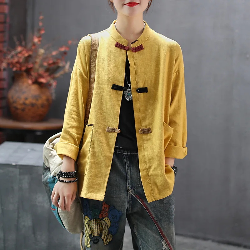 

Женская льняная традиционная одежда в китайском стиле, топ, рубашка с воротником-стойкой, уличная одежда ханьфу, костюм Тан, винтажный однот...