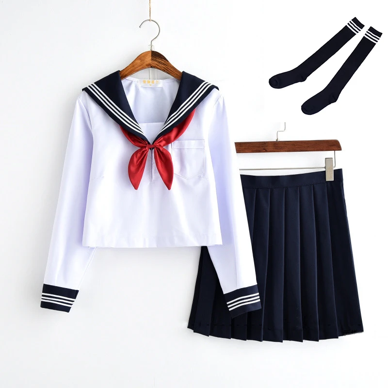 Long Set With Socks UPHYD японская школьная форма Аниме COS костюм моряка Белый Топы+ галстук юбка JK темно стиль студентов Одежда для девочек - Цвет: Long Set With Socks