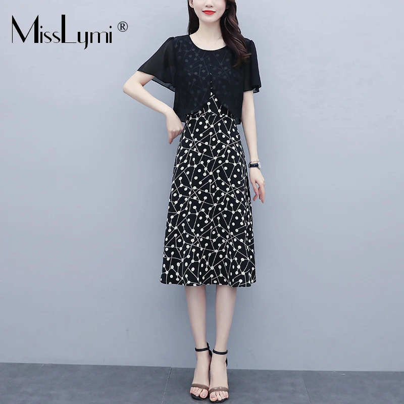 

L-5XL Plus Size Women Polka Dot Dress 2021 Summer Fashion Casual Loose Patchwork Chiffon Dress High Waist A-line Dress MissLymi
