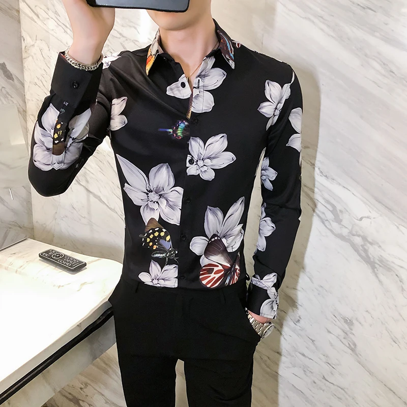 Британский Стиль Осень новая цифровая печать тонкая посадка с длинным рукавом