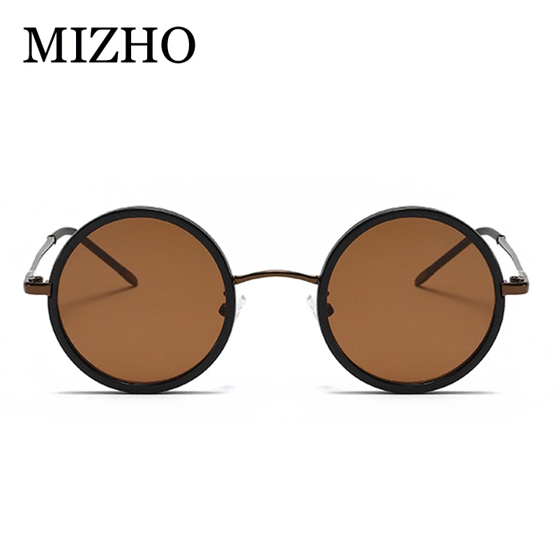 Фото Винтажные мужские прозрачные солнцезащитные очки MIZHO, женские солнцезащитные очки в стиле ретро-панк, круглая металлическая оправа, коричневые линзы, модные очки в стиле хип-хоп №2