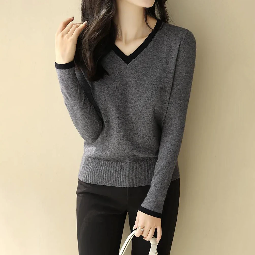 Contrasting color collar pullover long-sleeved knitted sweater women's autumn and winter 2021 new slim fashion  shirt top