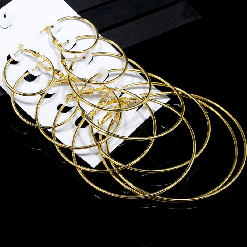 

6 Pairs Earrings Large-size Steampunk Gold/silver Color Large Earrings Simple Style Hoop Earrings High Quality 30-80mm