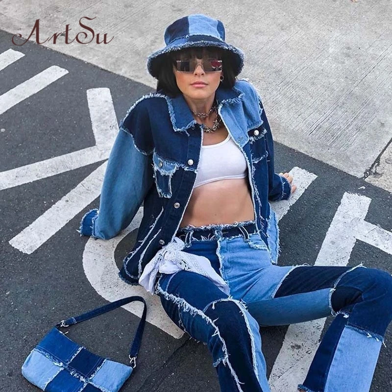 

Сезонные Лоскутные Harajuku джинсовые куртки женские уличные винтажные модные эстетические джинсовые пальто повседневная осенняя куртка ...