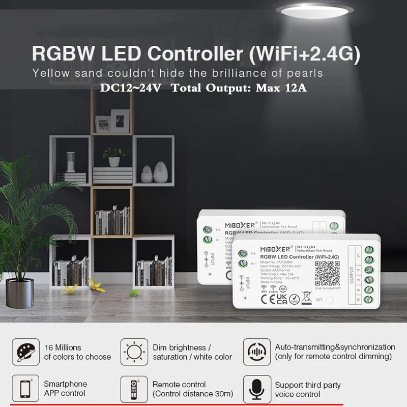 Dimmable Smart RGBW LED Controller DC12V 24V 2.4GHz RF Remote Wireless WiFi Voice APP Control Music Dimmer Total Output Max 12A