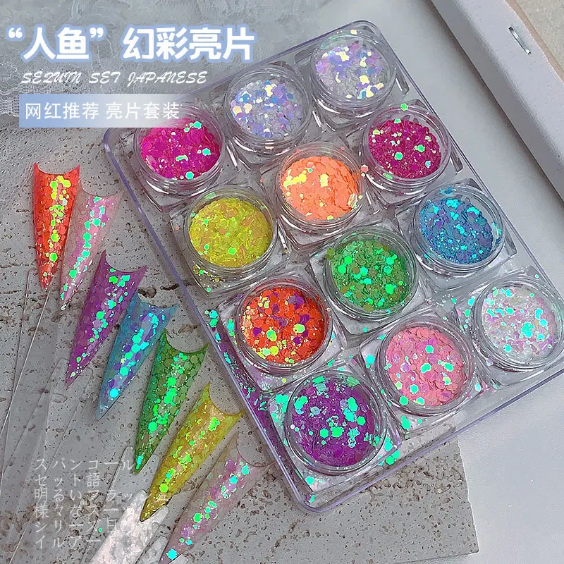 

12Pcs/set Holographic Laser Round Mixed Color Sequins Symphony Hexagonal Nail Glitter Butterfly Star Shape Mixed 3D Nail Art Set