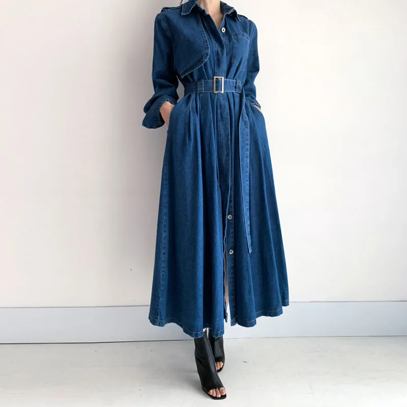 

2021 Vintage Chic Women A-line Long Denim Dress Autumn Spring Single-breasted Belted Female Jeans Dress Loose Vestidos