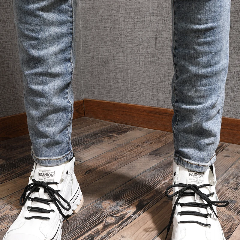 European American Street Fashion Men Jeans Elastic Destroyed Ripped Biker Jeans Men Slim Fit Designer Hip Hop Denim Punk Pants