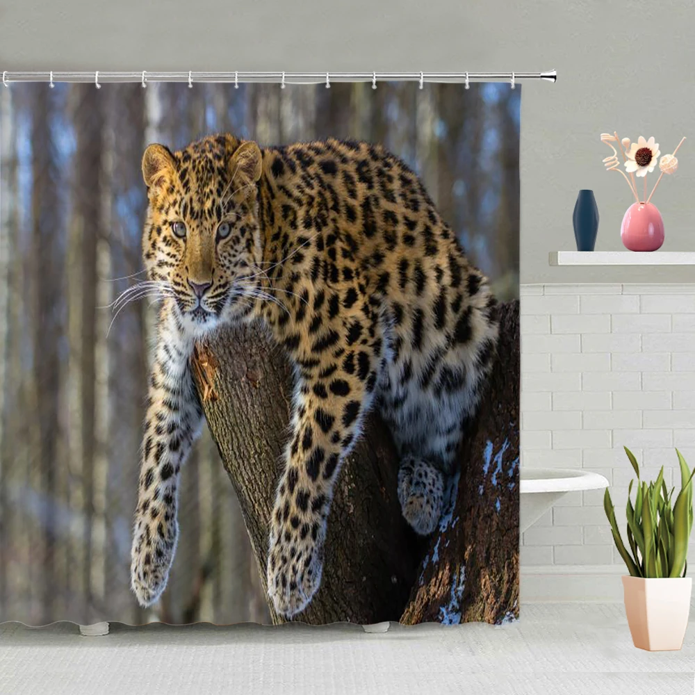 

Animals Shower Curtain Giraffe Elephant Leopard Sika Deer Owl Rabbit Brown Bear Tiger Eagle Pattern Washable With Hooks Suit