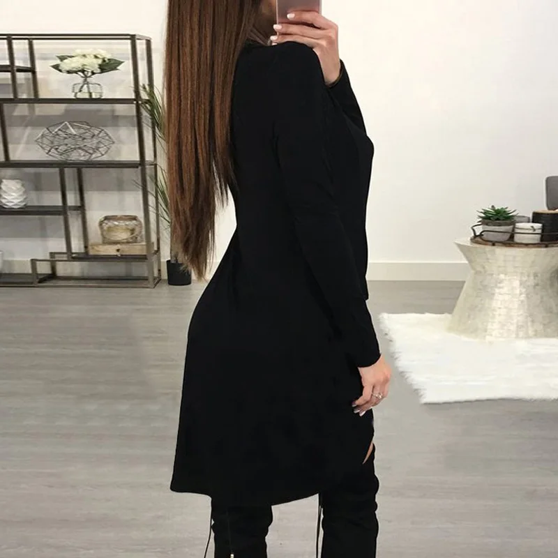 

Sexy Women Deep V Neck Low Cut Front Crossed Solid Loose Party Mini Dress Asymmetric Hem Long Sleeve Pleated Long Tops